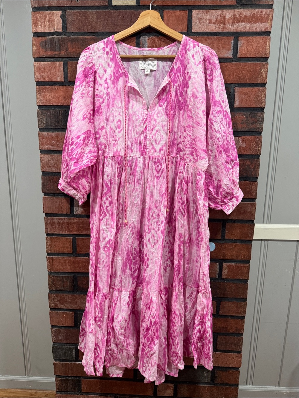 Pink Patterned V-Neck Midi Dress